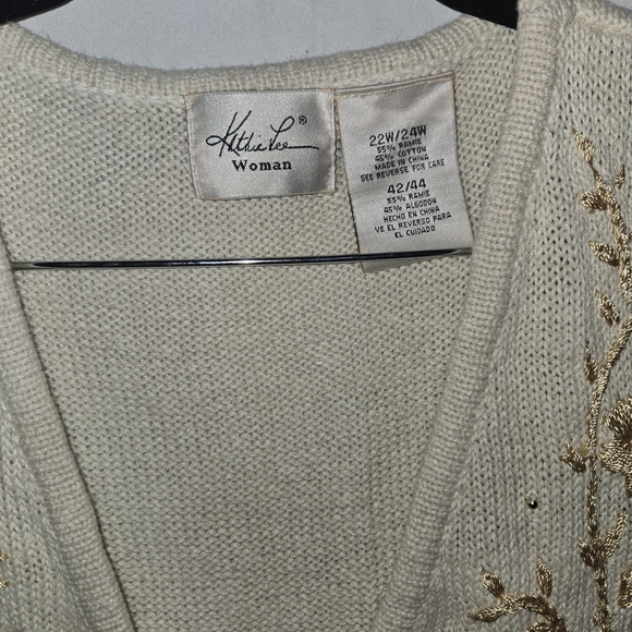 22W/24W Kathie Lee Embroidered & Beaded Sweater Vest Ivory Cream Vintage Floral - Picture 3 of 7